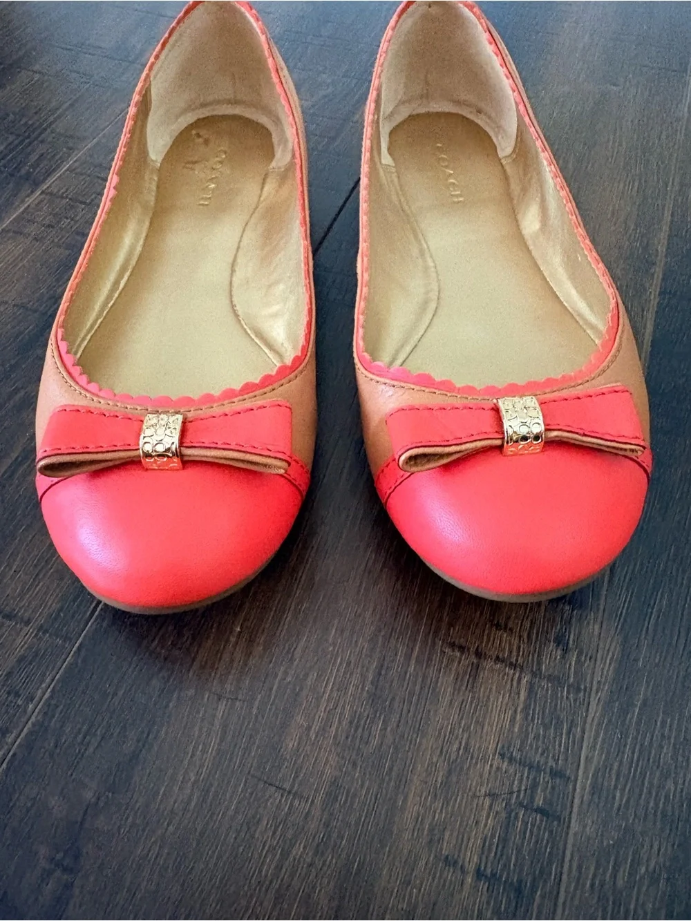 Coach Colorblock Leather Ballet Flats Coral Pink & Tan Bow Shoes Size 36 - Picture 3 of 15
